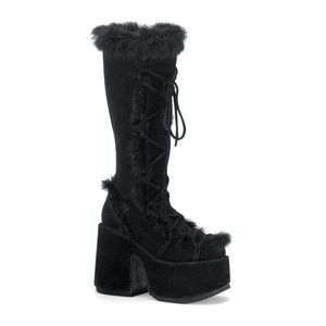 Demonia Black Faux Fur Platform Boots Camel-311